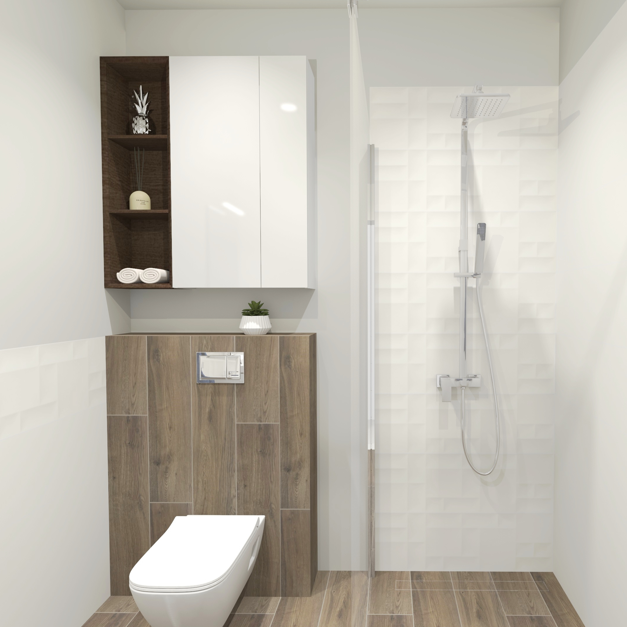 Mała łazienka w bieli i drewnianym dekorem 